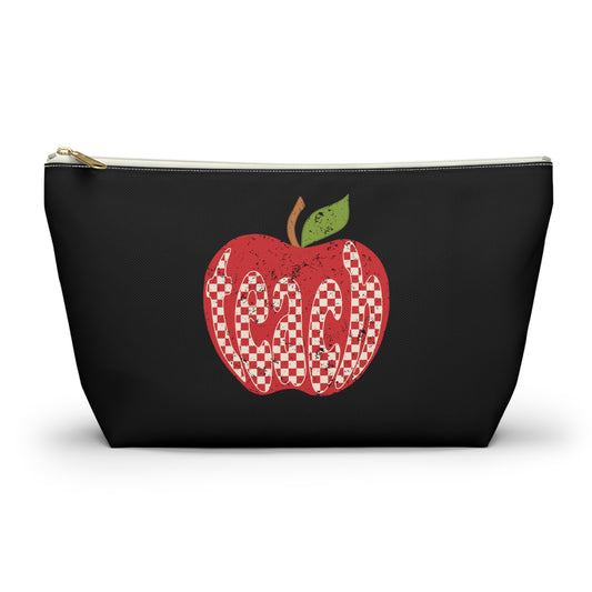 Distressed Teacher Checkered Apple Print Design Accessory Pouch w T-bottom - Black