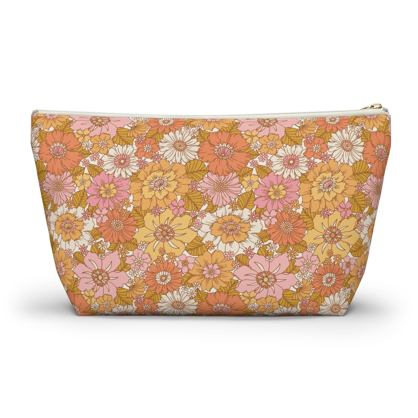 Peachy Golden Retro Floral Print Design Accessory Pouch w T-bottom