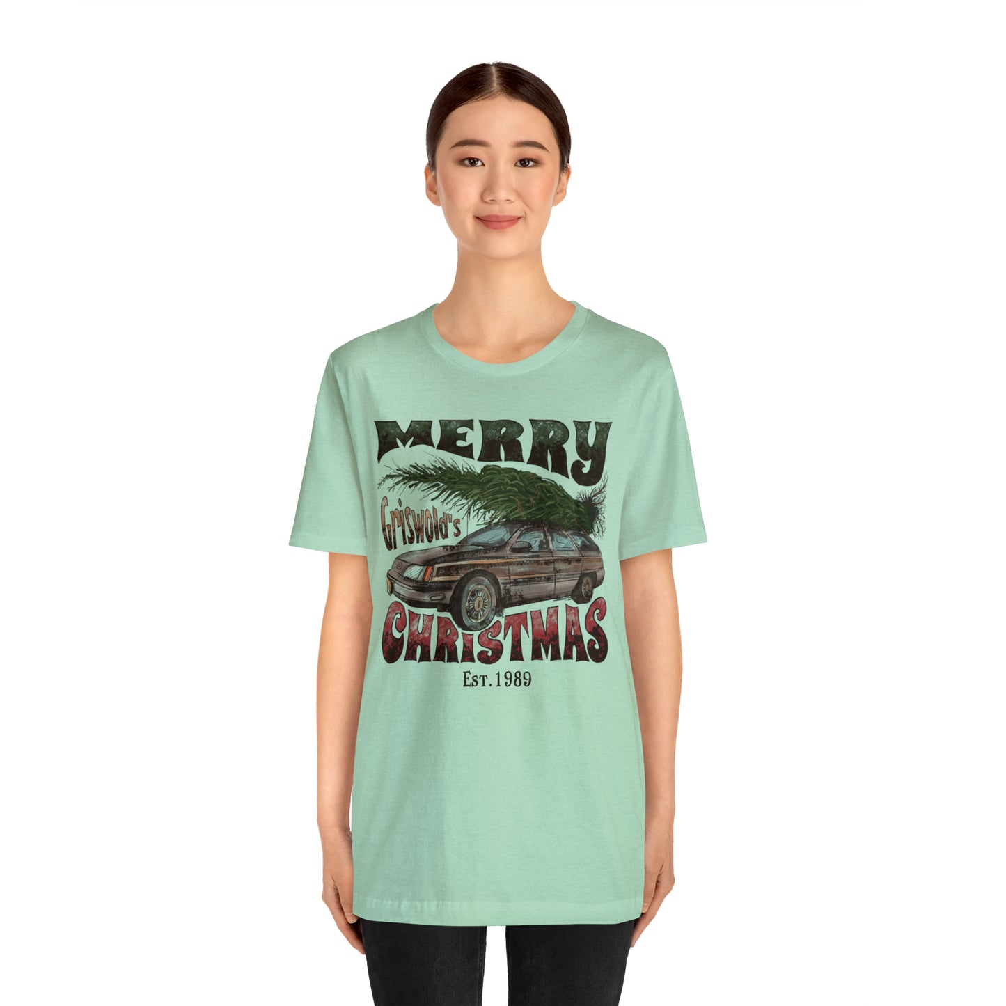 Distressed Griswold's Christmas Tree Station Wagon Holiday Bella Jersey Short Sleeve Tee (Unisex)