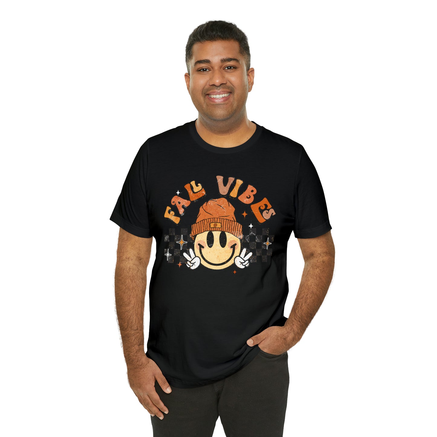 Distressed Halloween Fall Vibes Smiley Face with Beanie and Peace Sign T-Shirt