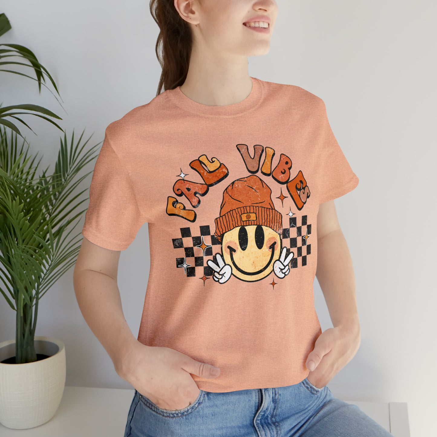 Distressed Halloween Fall Vibes Smiley Face with Beanie and Peace Sign T-Shirt