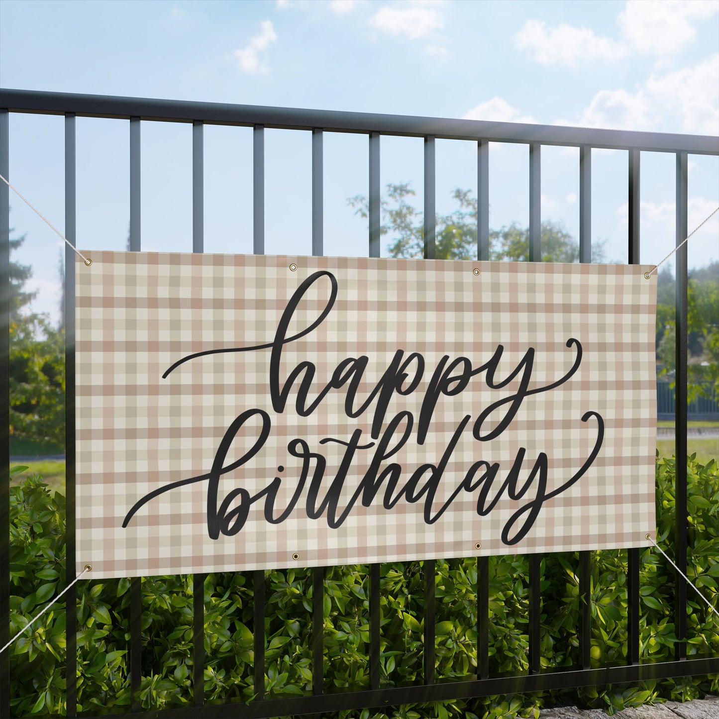 Boho Plaid Cream Cursive Happy Birthday Matte Banner - Pink