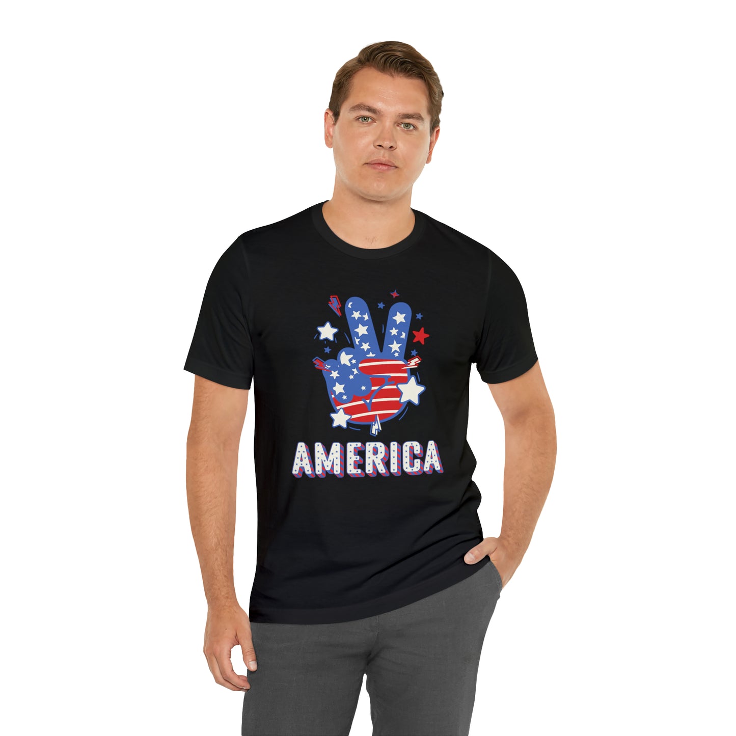 America USA Stars Peace Sign with Hands Unisex Jersey Short Sleeve Tee