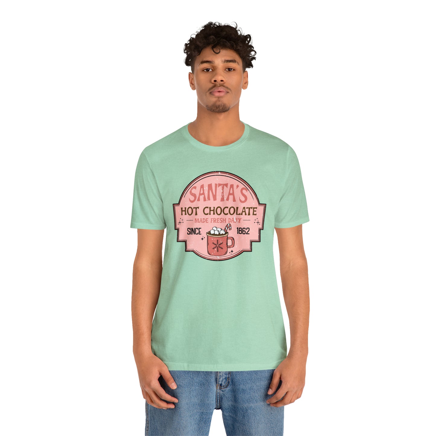 Santa's Hot Chocolate Pink Christmas/ Holiday Bella Jersey Short Sleeve Tee (Unisex)