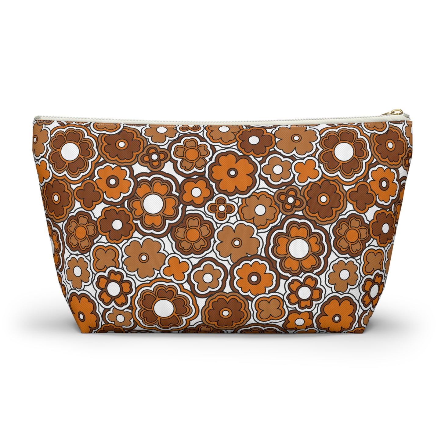 Flower Power Retro Brown Print  Accessory Pouch w T-bottom