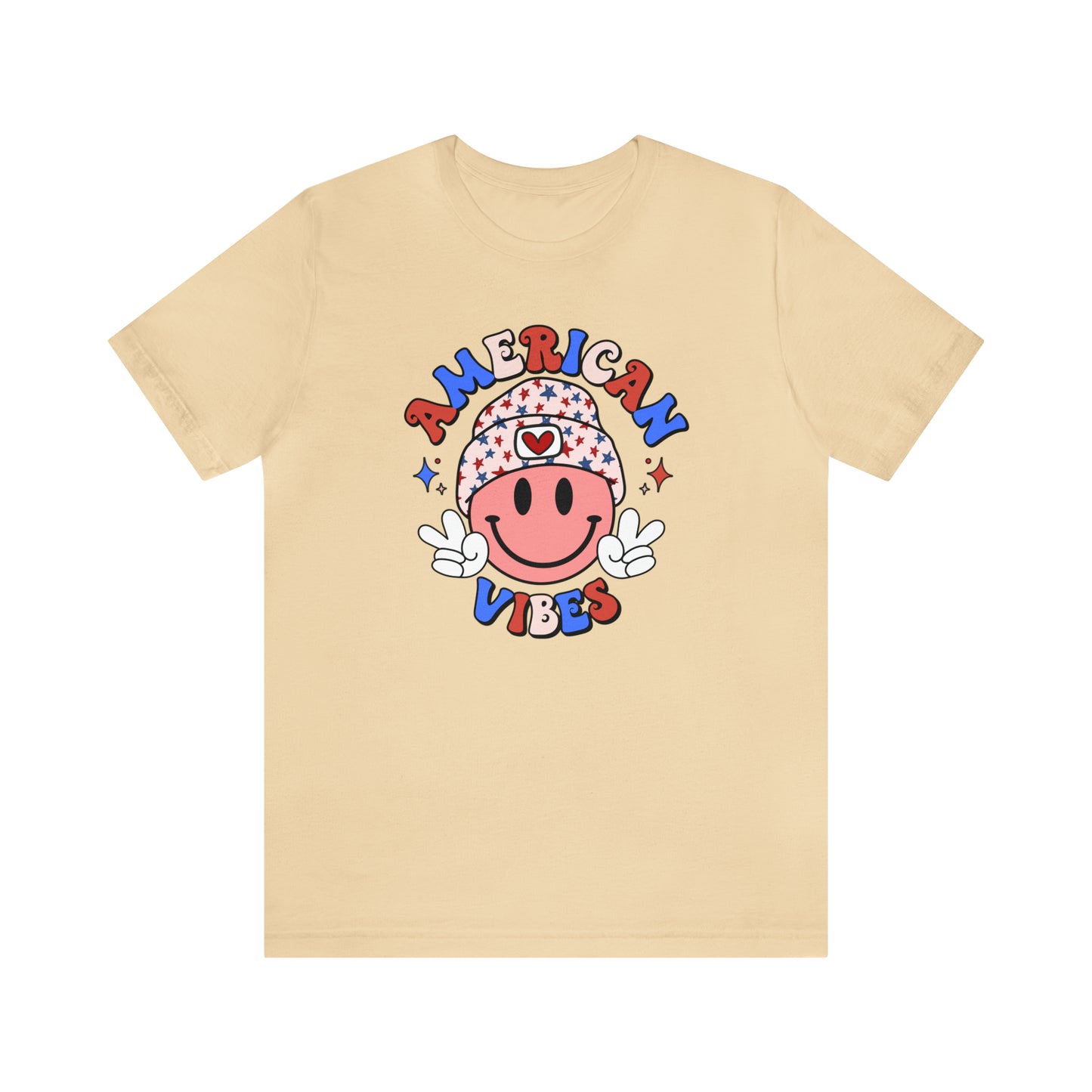 American Vibes USA Smiley Face with Stars Beanie with two hand peace signs Unisex Jersey Short Sleeve Tee