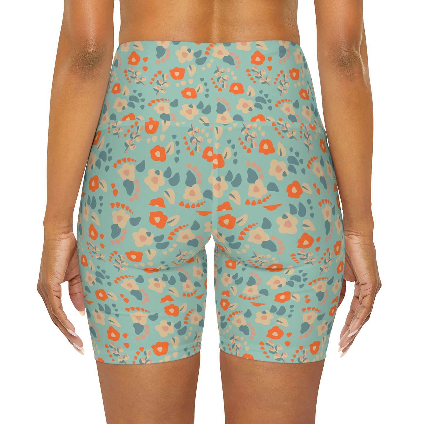 Boho Blue and Orange Dainty Floral Yoga Shorts