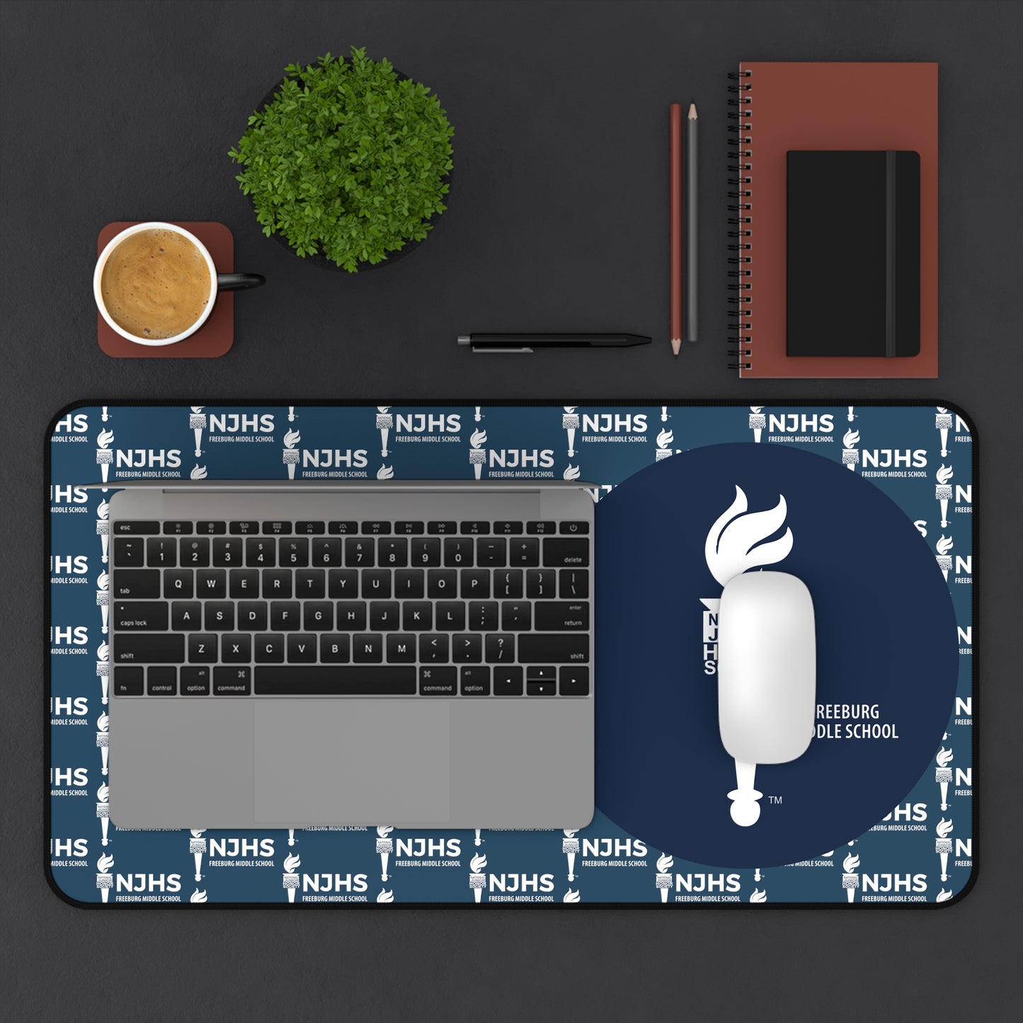 NJHS Slate Blue Pattern and Navy Mouse Circle Pattern Desk Mat