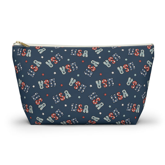 USA America 4th of July USA Stars Red, White and Blue Print Design  Accessory Pouch w T-bottom