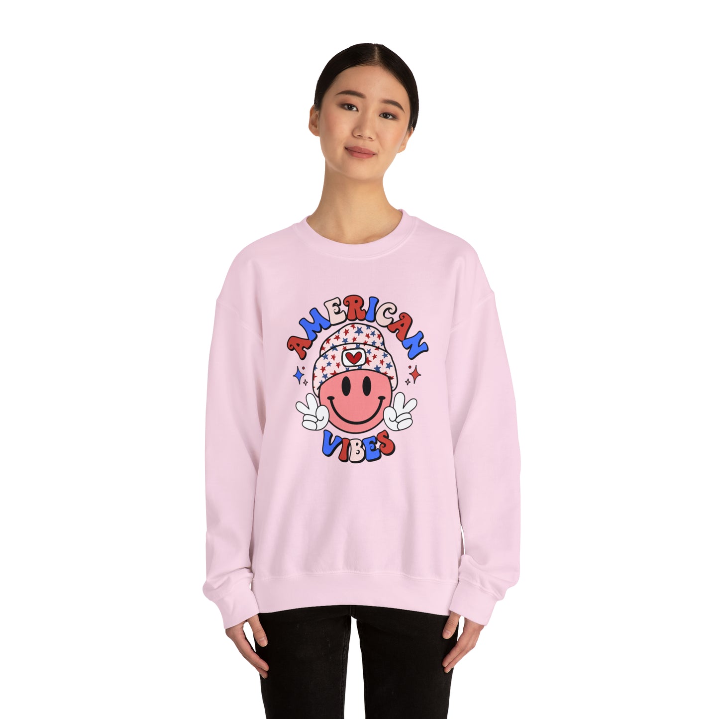 USA American Vibes Smiley Face with Heart Beanie and Peace Signs Heavy Blend™ Crewneck Sweatshirt