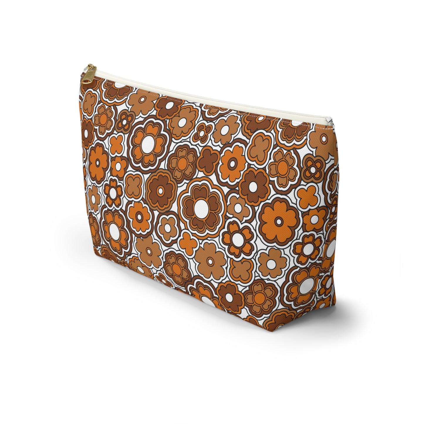 Flower Power Retro Brown Print  Accessory Pouch w T-bottom