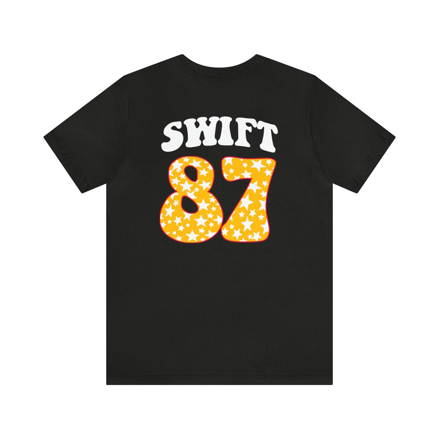 Swift Kelce 87 Football Lips Bella Jersey Short Sleeve Tee (Unisex) - Front and Back Design