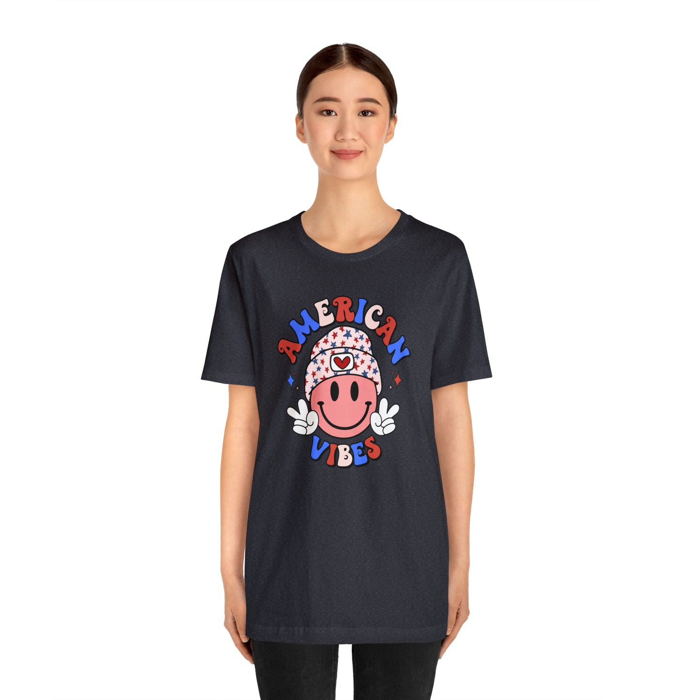 American Vibes USA Smiley Face with Stars Beanie with two hand peace signs Unisex Jersey Short Sleeve Tee