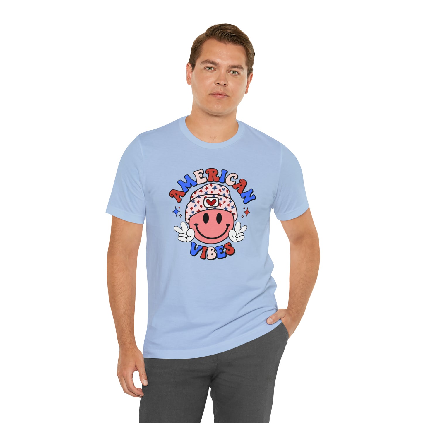 American Vibes USA Smiley Face with Stars Beanie with two hand peace signs Unisex Jersey Short Sleeve Tee