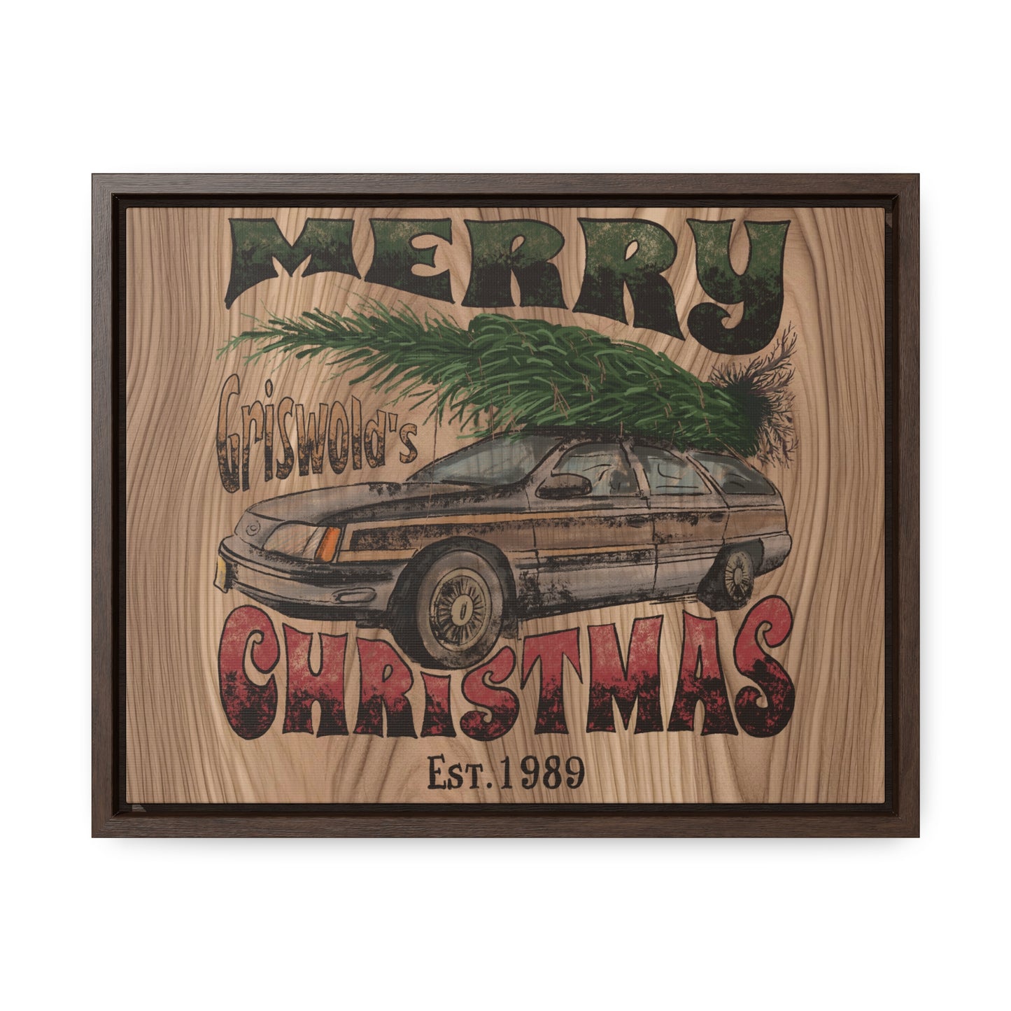 Distressed Merry Griswold Christmas Tree Station Wagon Holiday Gallery Canvas Wraps, Horizontal Frame