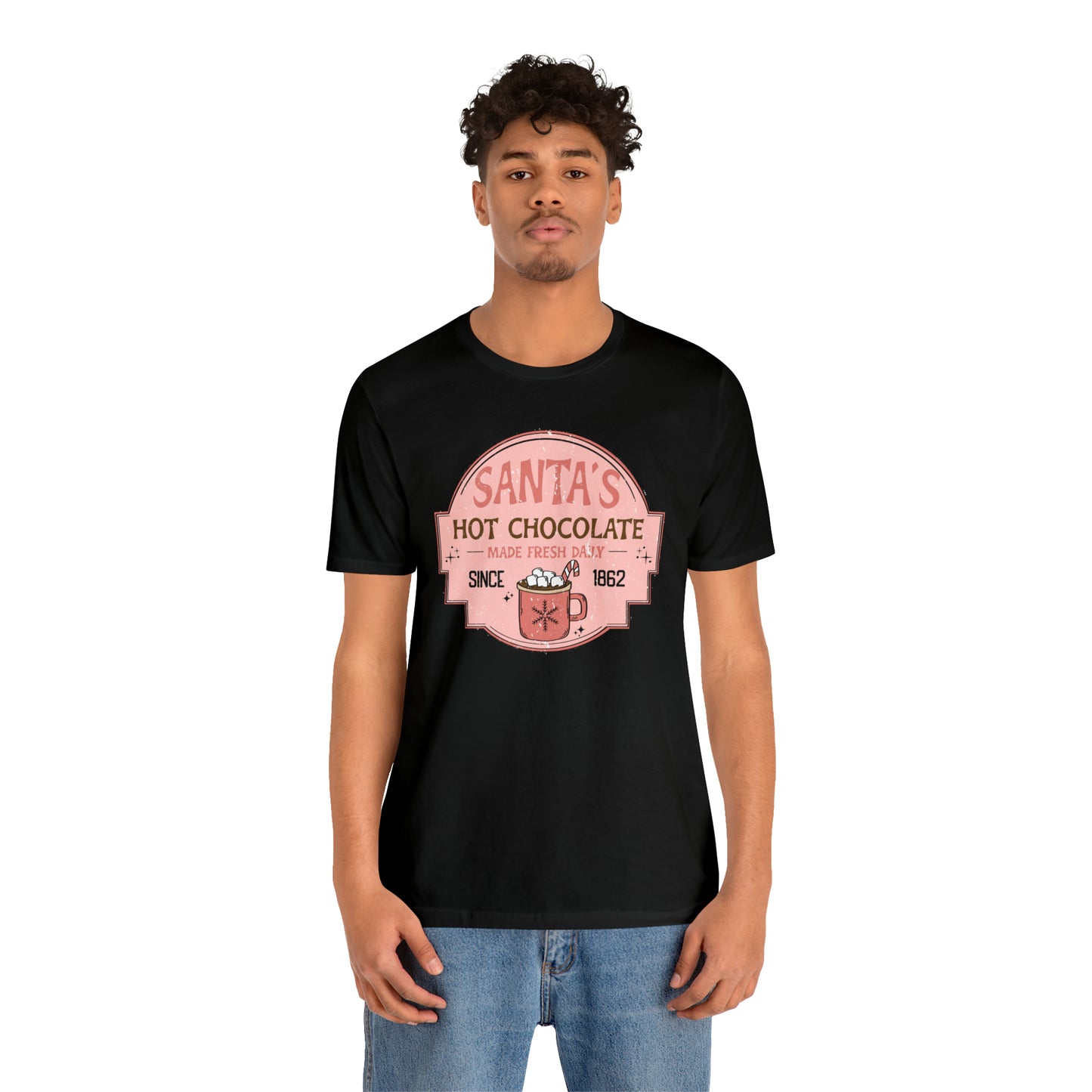 Santa's Hot Chocolate Pink Christmas/ Holiday Bella Jersey Short Sleeve Tee (Unisex)