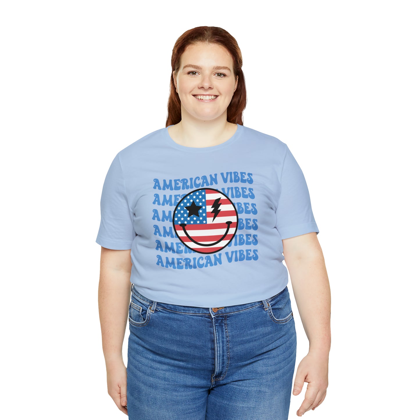 USA American Vibes American Flag Smiley Face Unisex Jersey Short Sleeve Tee