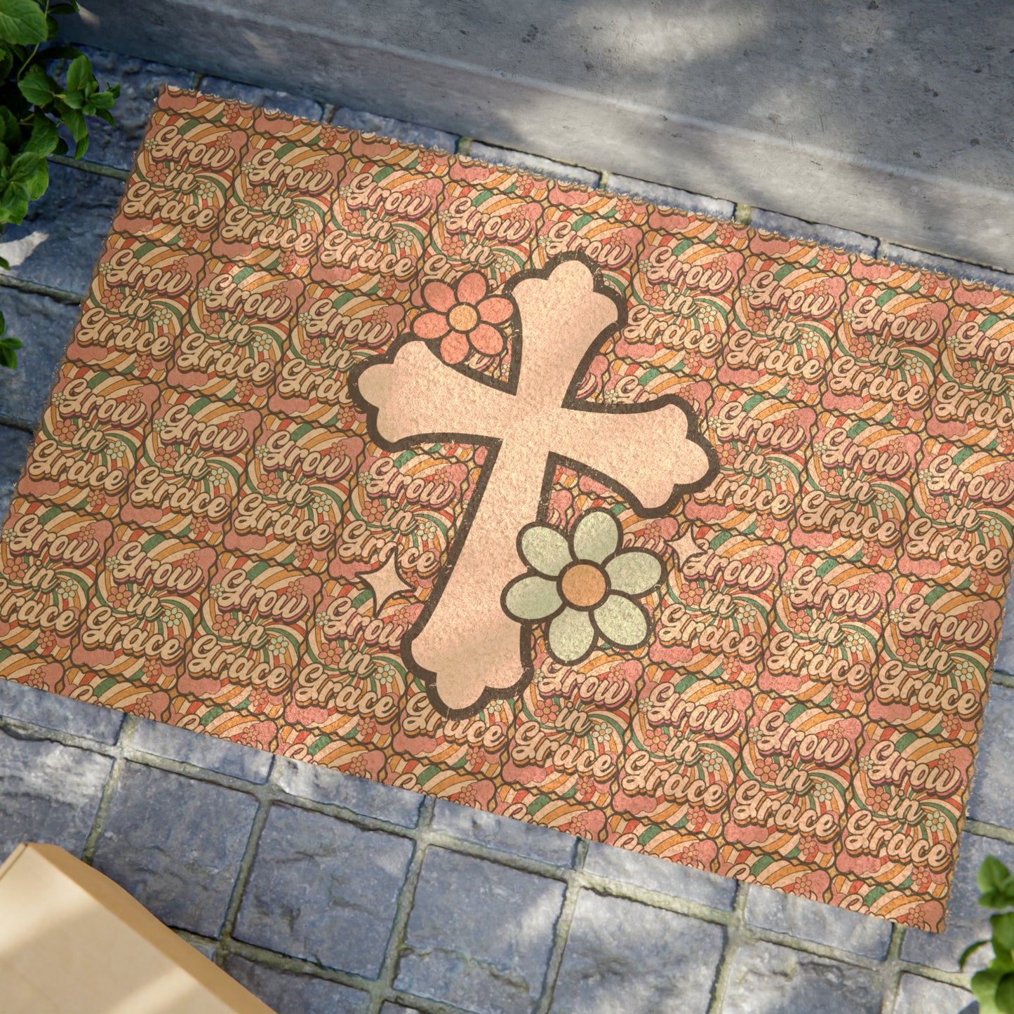 Grow in Grace with Floral Cross Christian Coir Mat