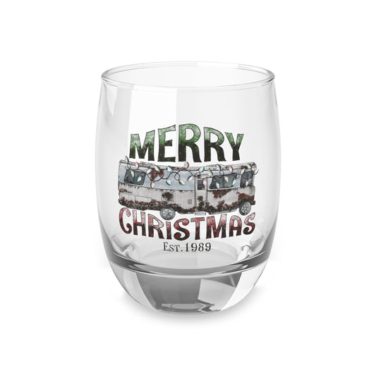 Merry Christmas Lighted Rusty Bus Whiskey Glass