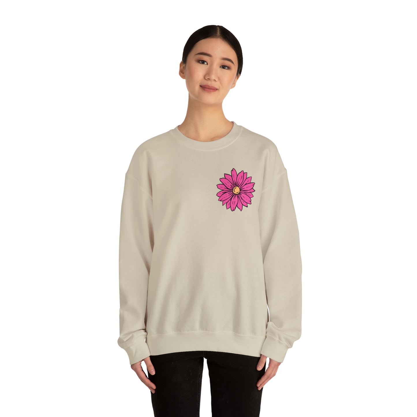 FRONT AND BACK DESIGN Positive Energy (Flower on Front and Message on Back) Font Heavy Blend™ Crewneck Sweatshirt