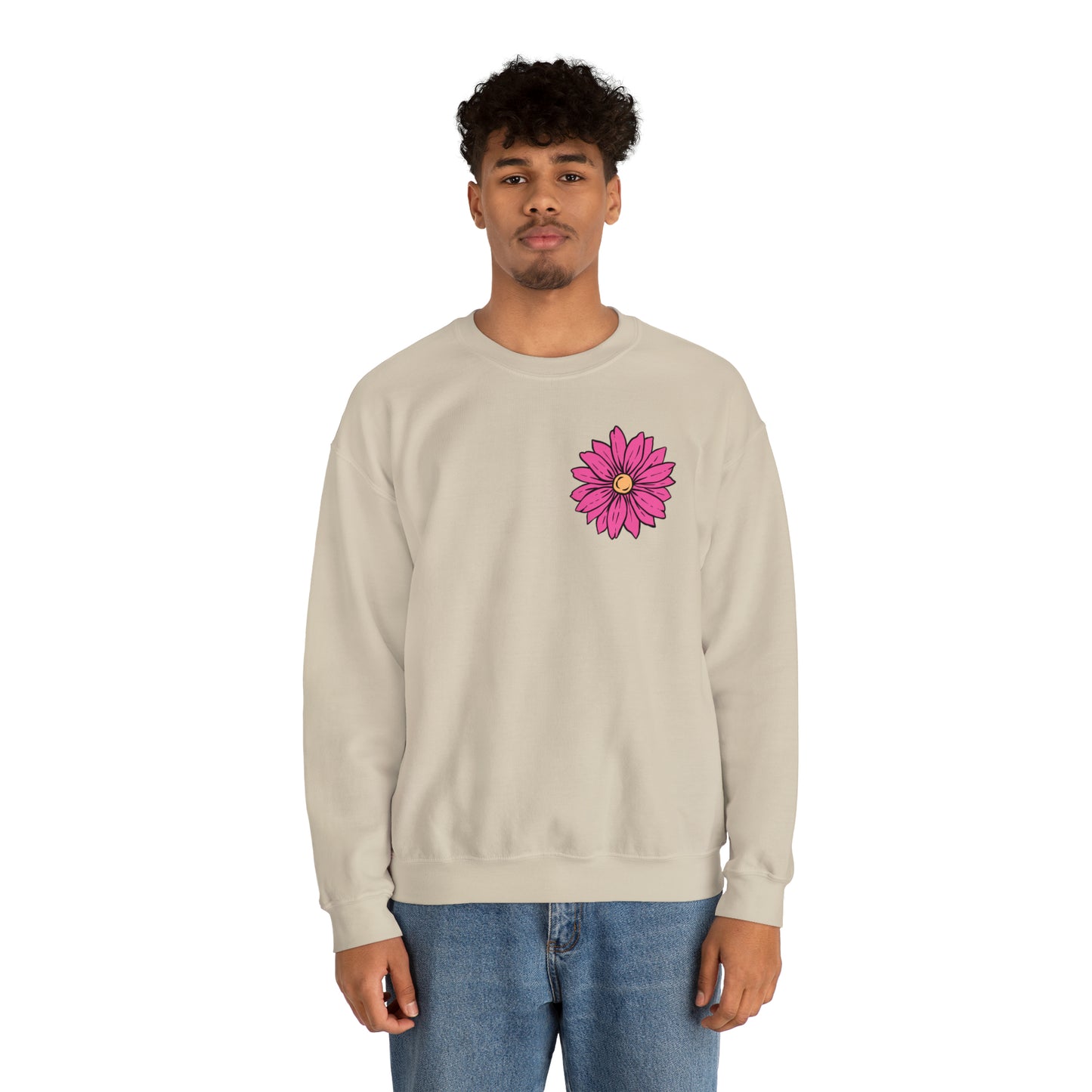 FRONT AND BACK DESIGN Positive Energy (Flower on Front and Message on Back) Font Heavy Blend™ Crewneck Sweatshirt