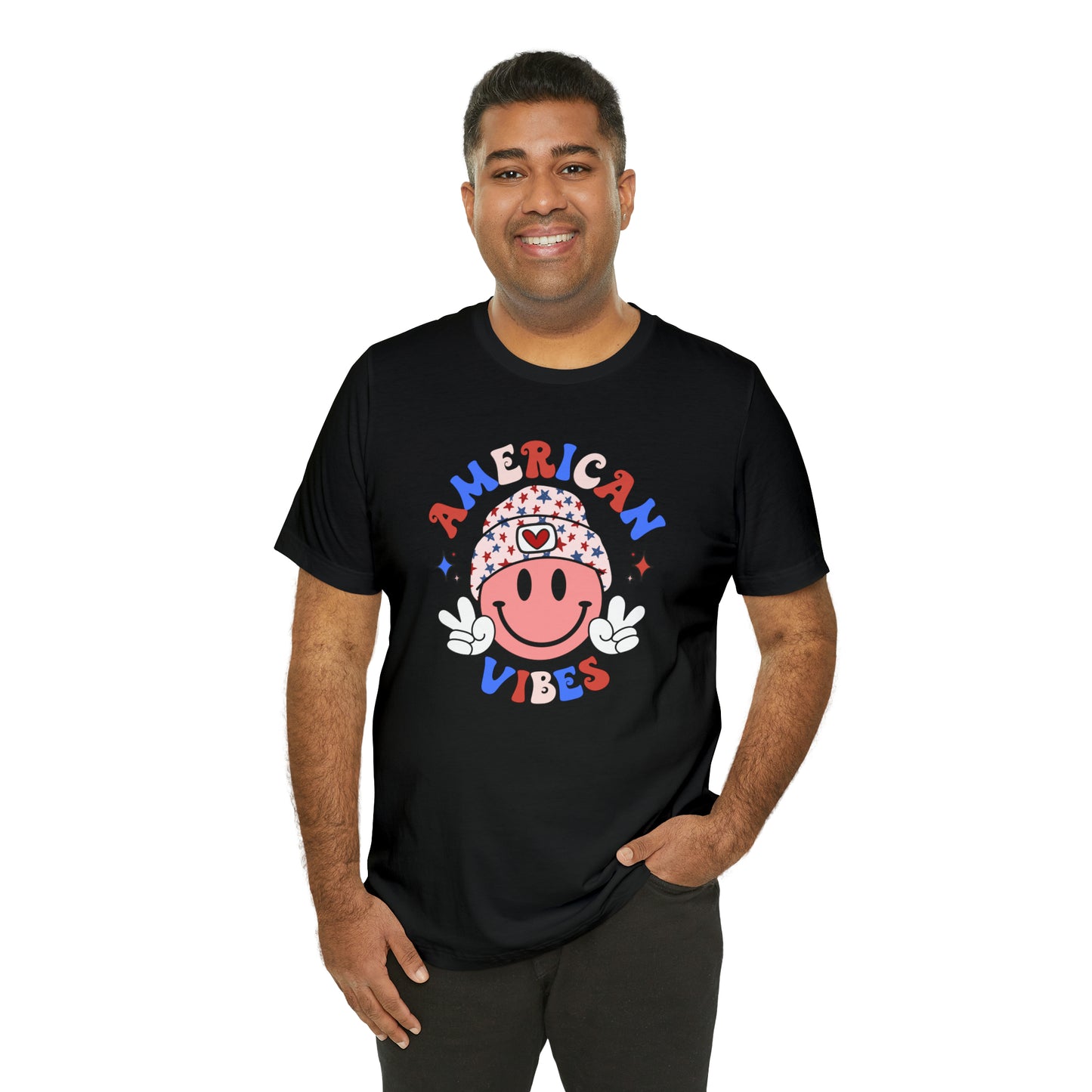 American Vibes USA Smiley Face with Stars Beanie with two hand peace signs Unisex Jersey Short Sleeve Tee