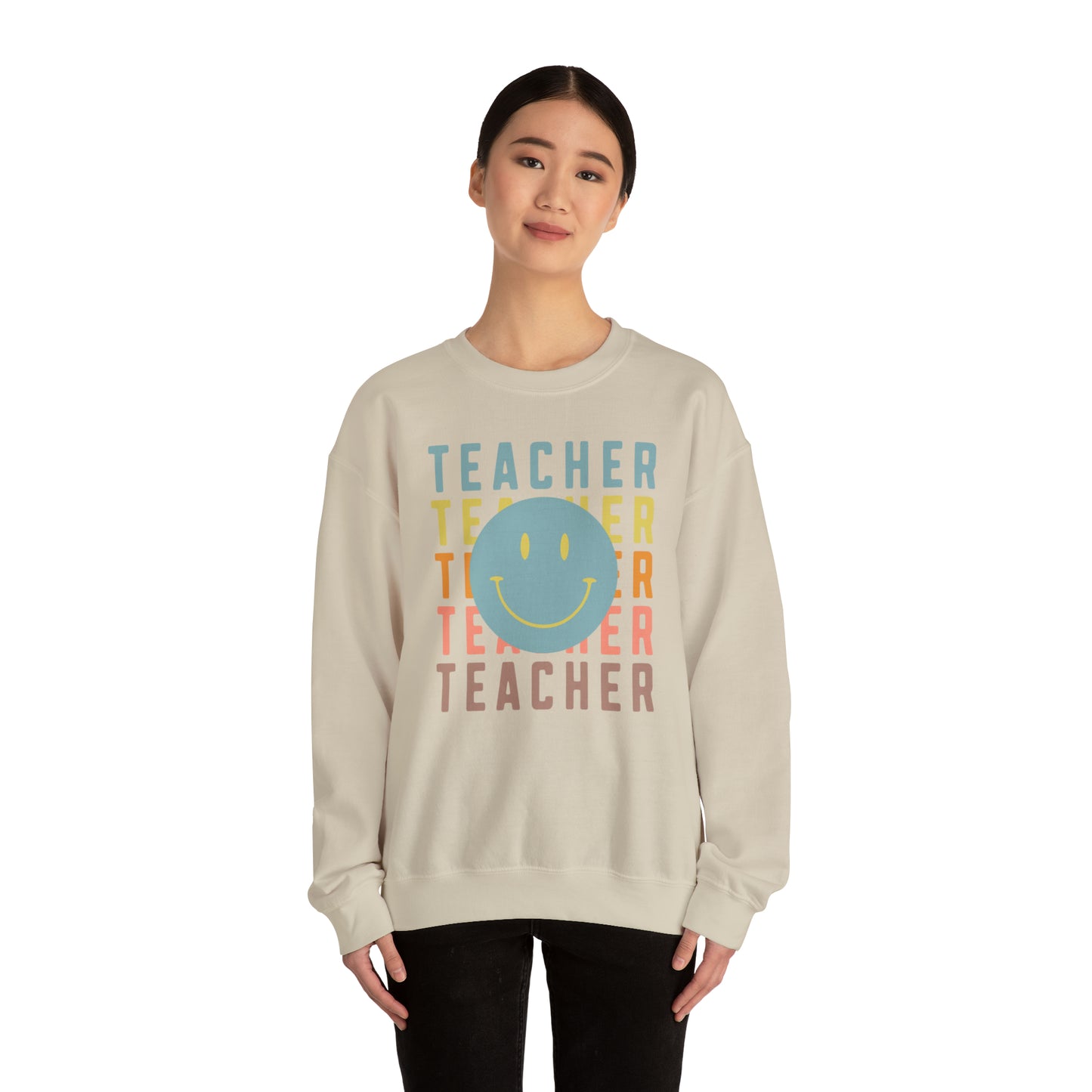 Multi Colored Teacher with Smiley Face Unisex Heavy Blend™ Crewneck Sweatshirt