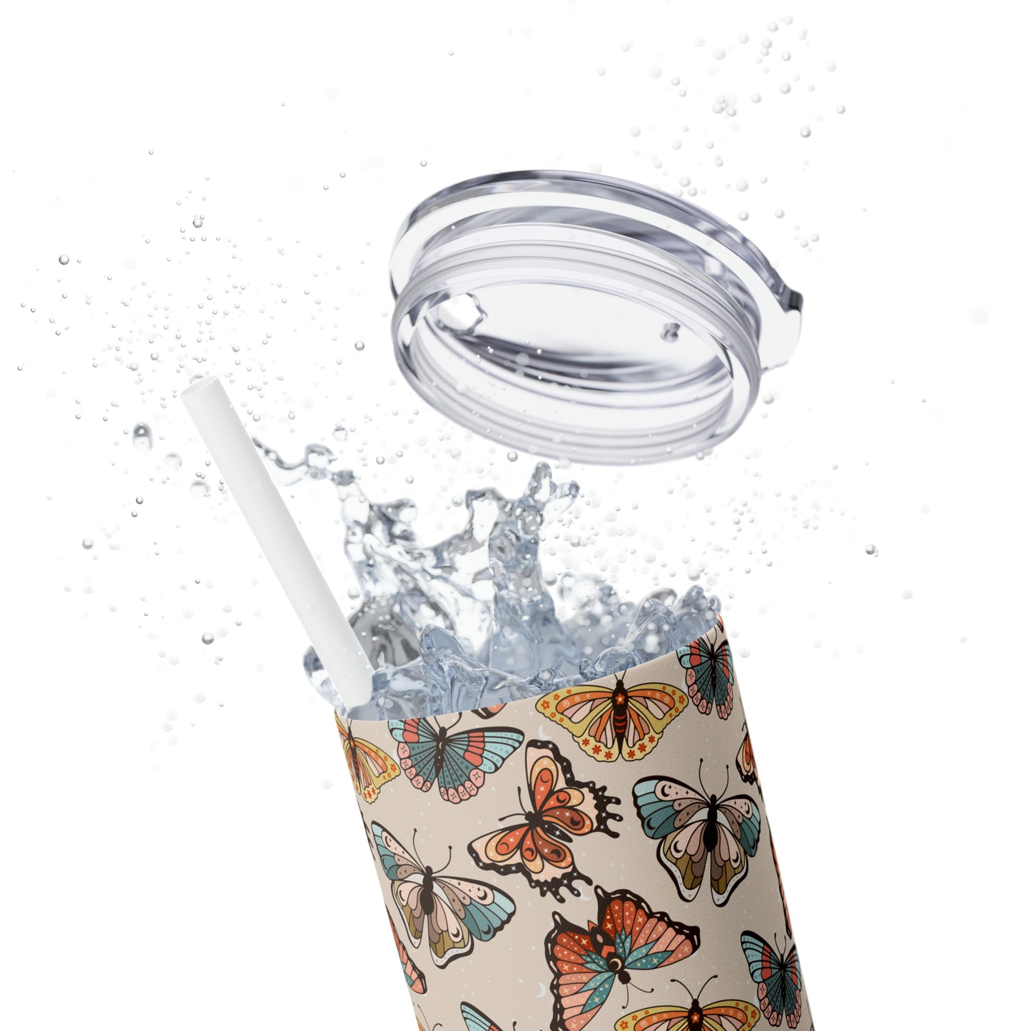 Boho Butterfly Brown Skinny Tumbler with Straw, 20oz