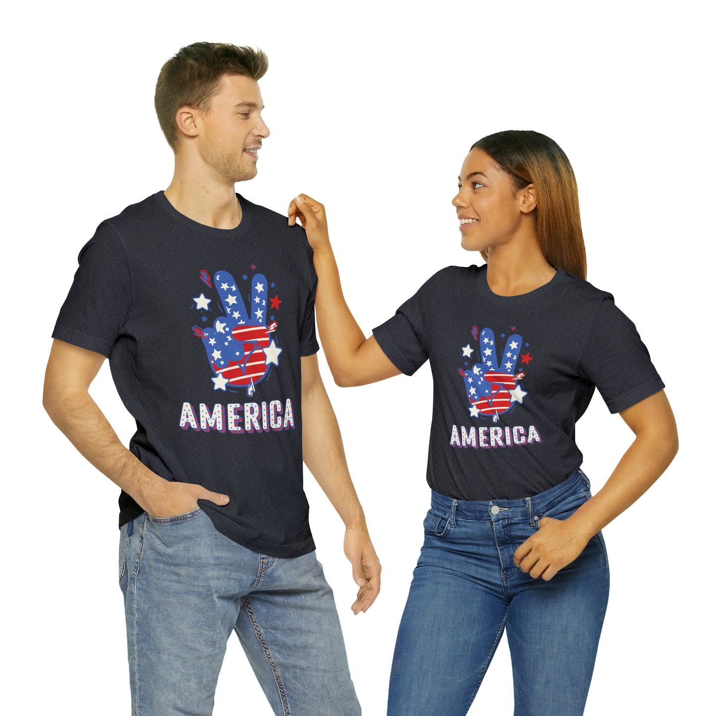 America USA Stars Peace Sign with Hands Unisex Jersey Short Sleeve Tee