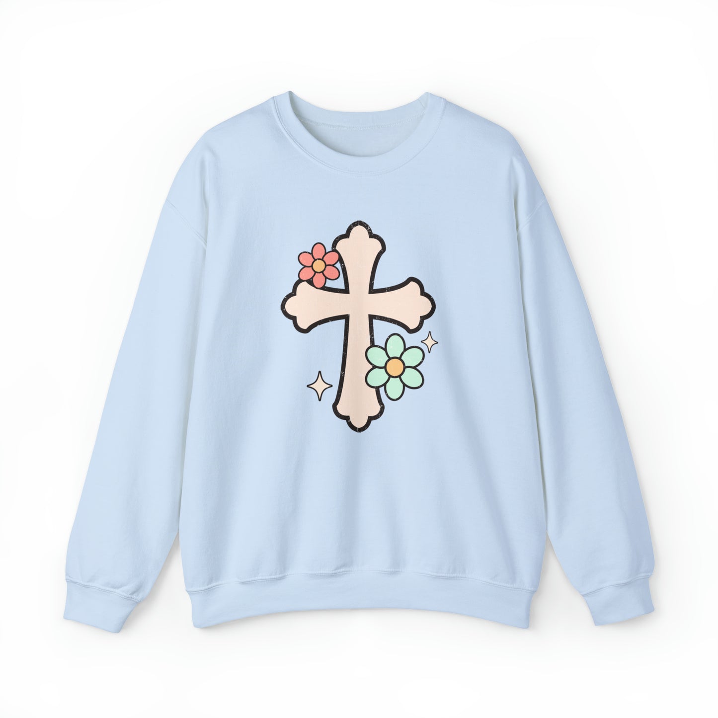 Vintage Floral Cross Design Heavy Blend™ Crewneck Sweatshirt