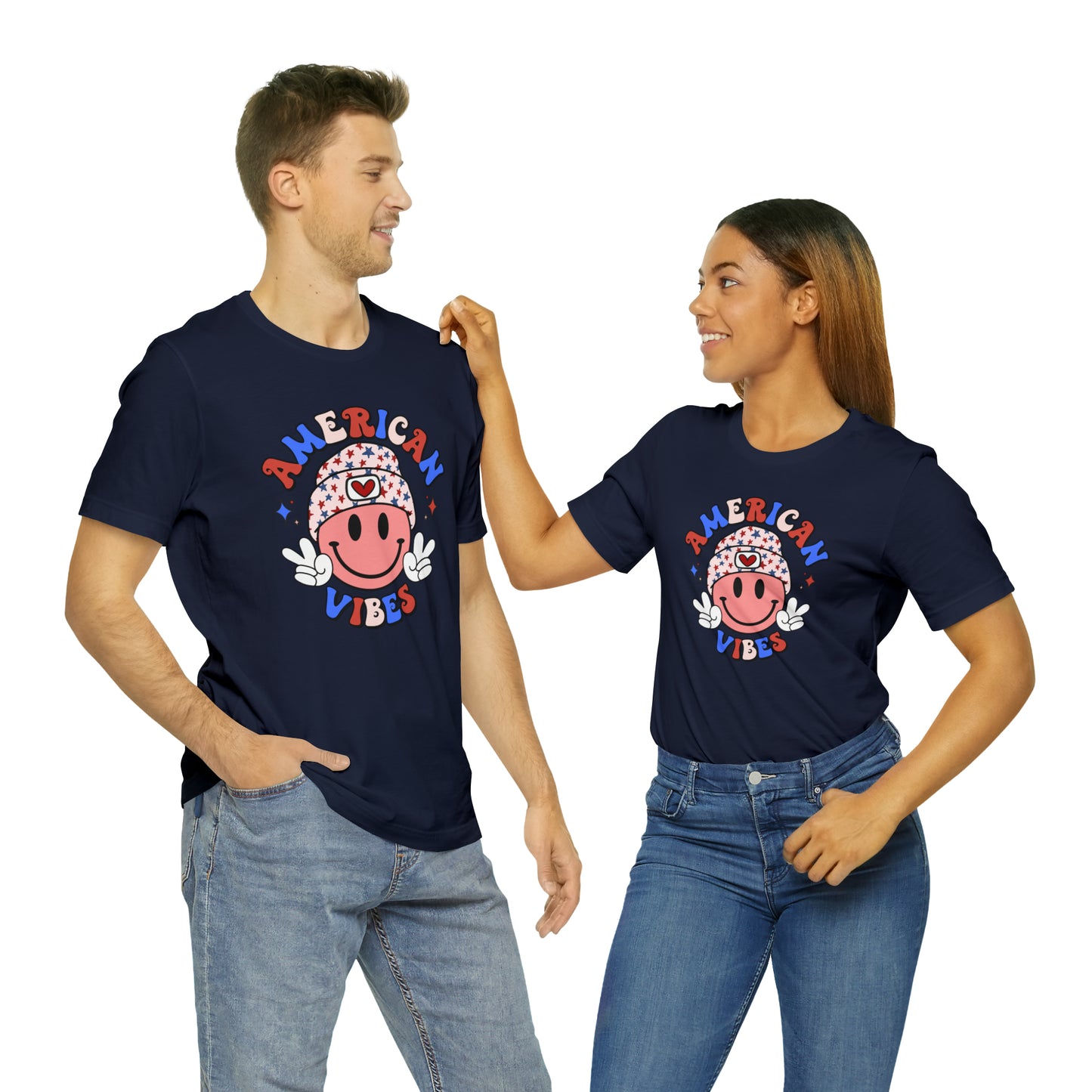 American Vibes USA Smiley Face with Stars Beanie with two hand peace signs Unisex Jersey Short Sleeve Tee