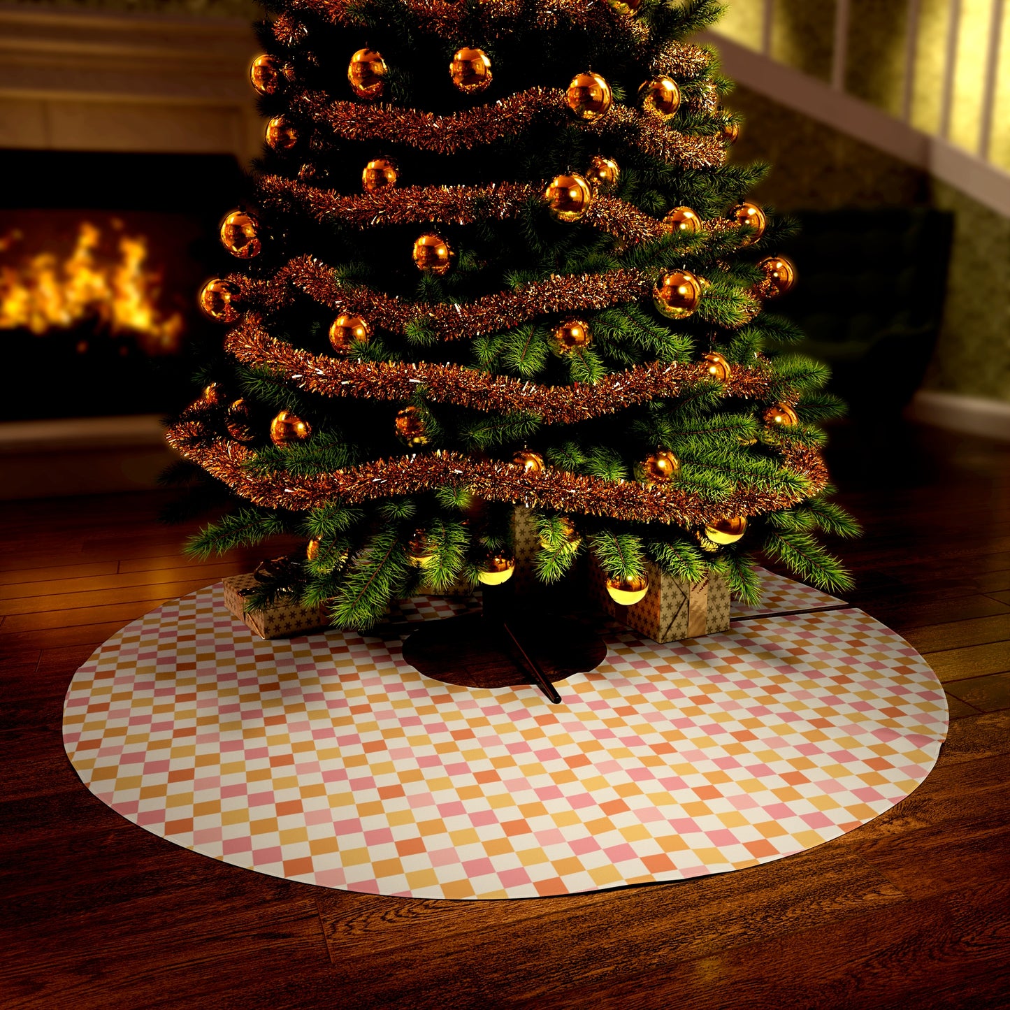 Retro Pink Rust and Gold Checkerboard Round Tree Skirt