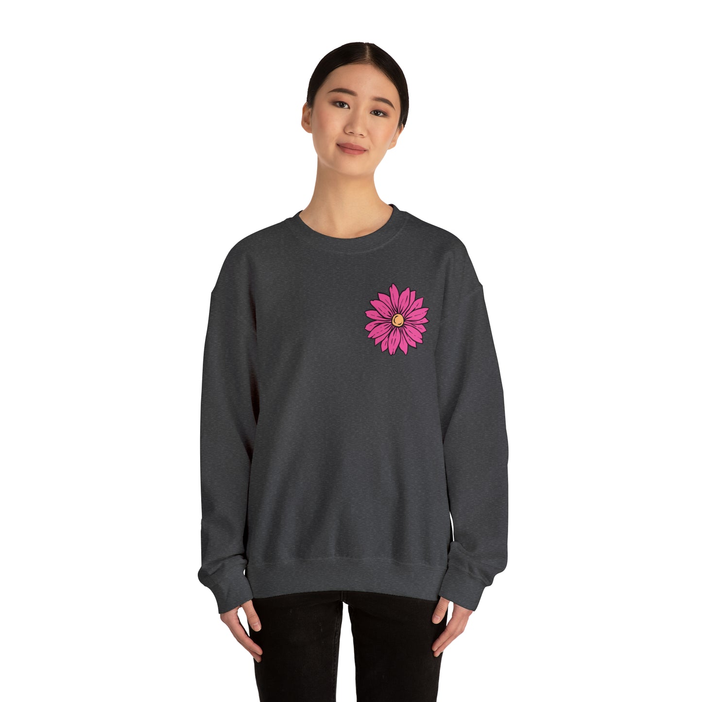 FRONT AND BACK DESIGN Positive Energy (Flower on Front and Message on Back) Font Heavy Blend™ Crewneck Sweatshirt