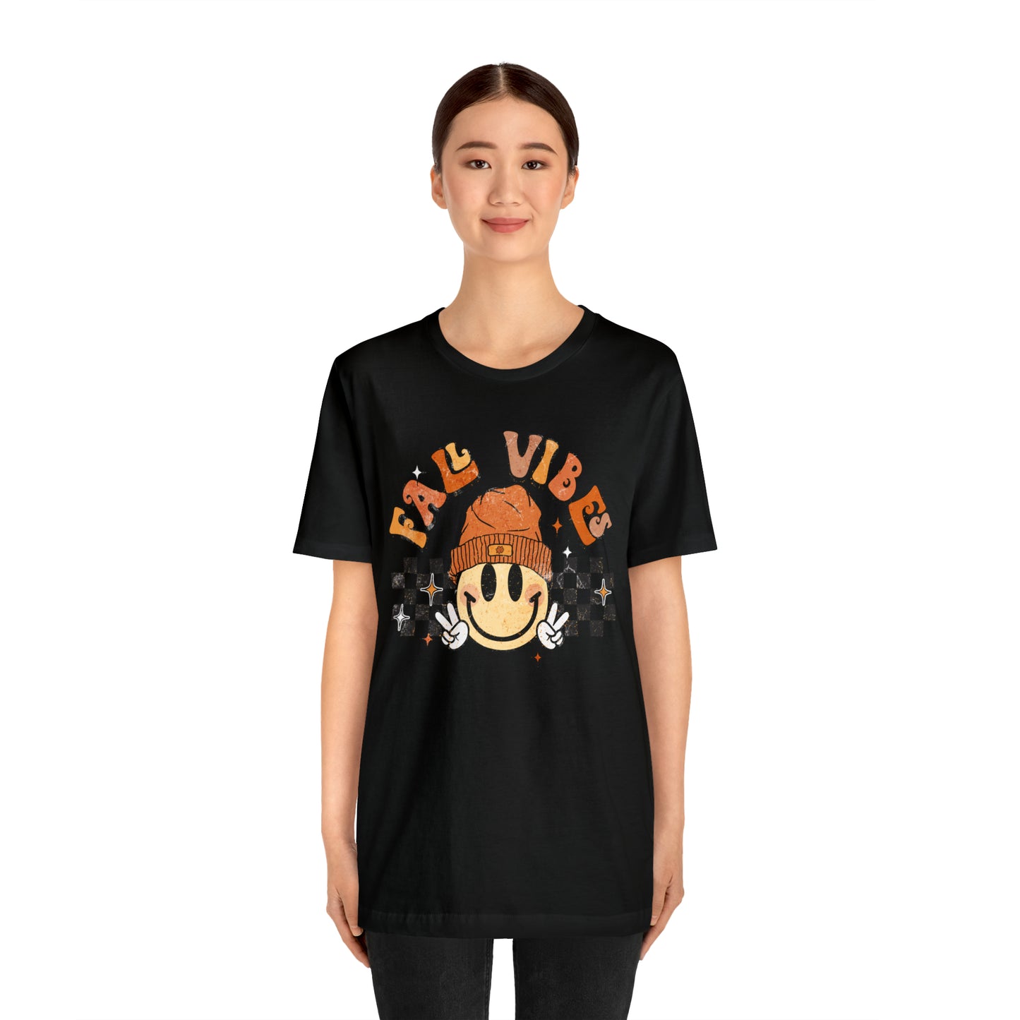 Distressed Halloween Fall Vibes Smiley Face with Beanie and Peace Sign T-Shirt