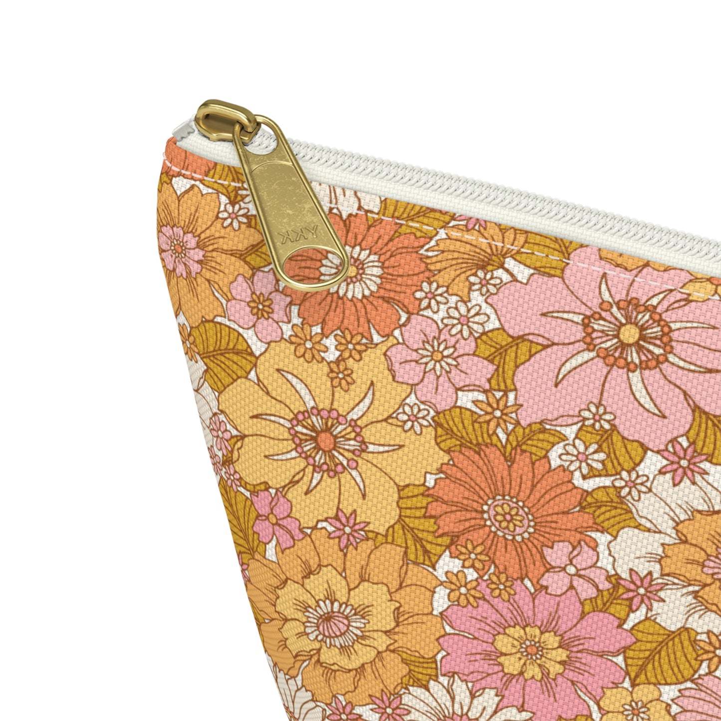 Peachy Golden Retro Floral Print Design Accessory Pouch w T-bottom