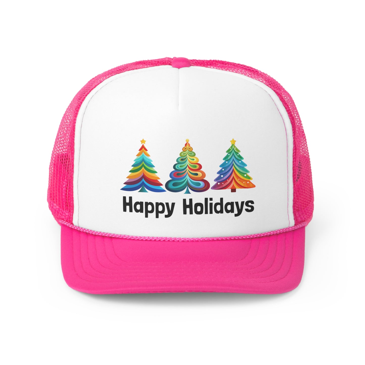 Happy Holidays Layered Rainbow Christmas Tree Tall Trucker Caps