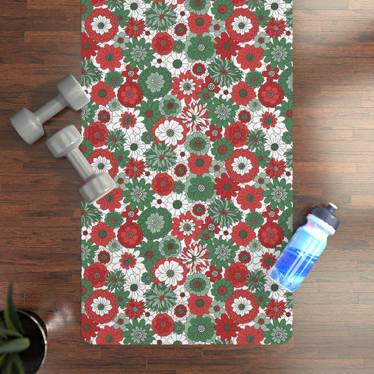 Retro Christmas Holiday Floral Red Green and White Pattern Rubber Yoga Mat