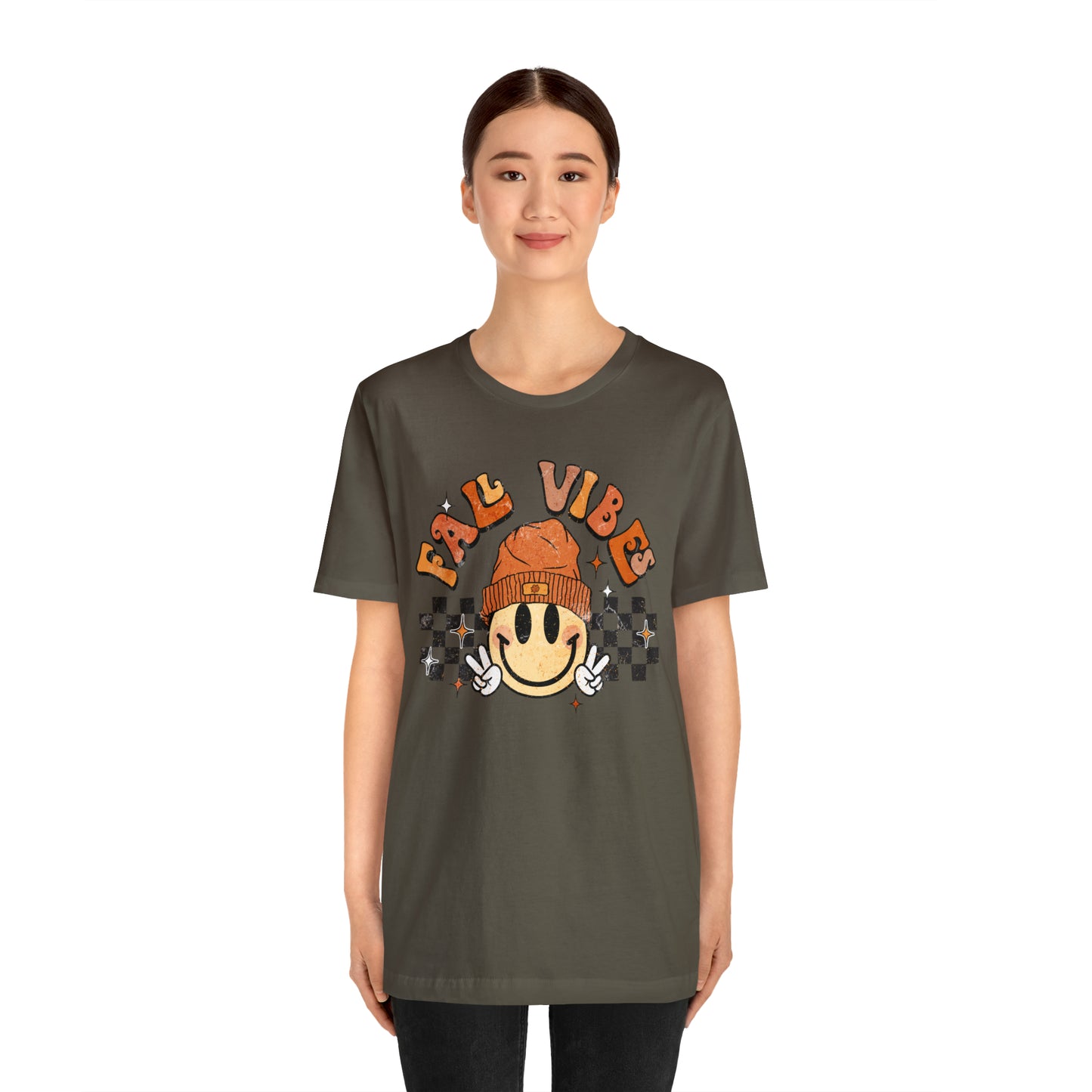 Distressed Halloween Fall Vibes Smiley Face with Beanie and Peace Sign T-Shirt