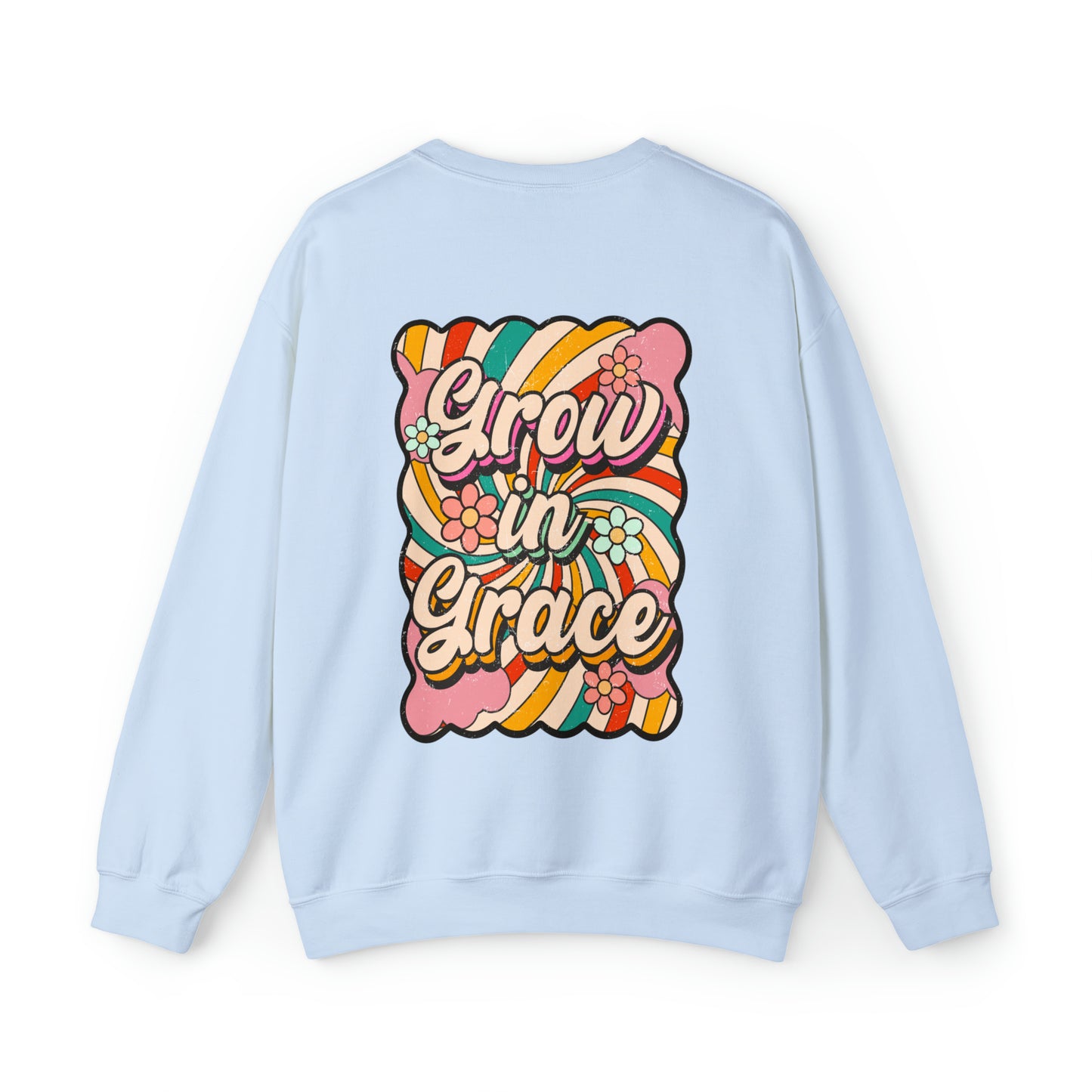 Vintage Grow in Grace with Cross Boho Color Print -  Front and Back Design Heavy Blend™ Crewneck Sweatshirt