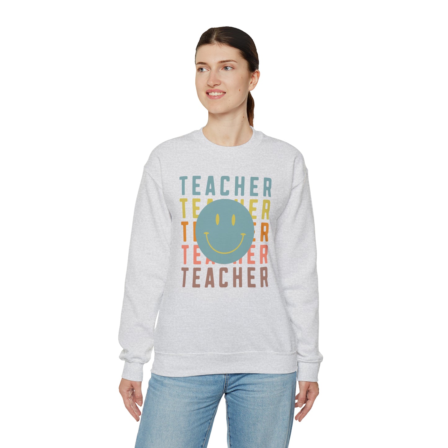 Multi Colored Teacher with Smiley Face Unisex Heavy Blend™ Crewneck Sweatshirt