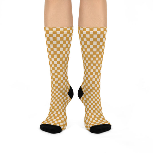 Gold Checkered Cushioned Crew Socks - White