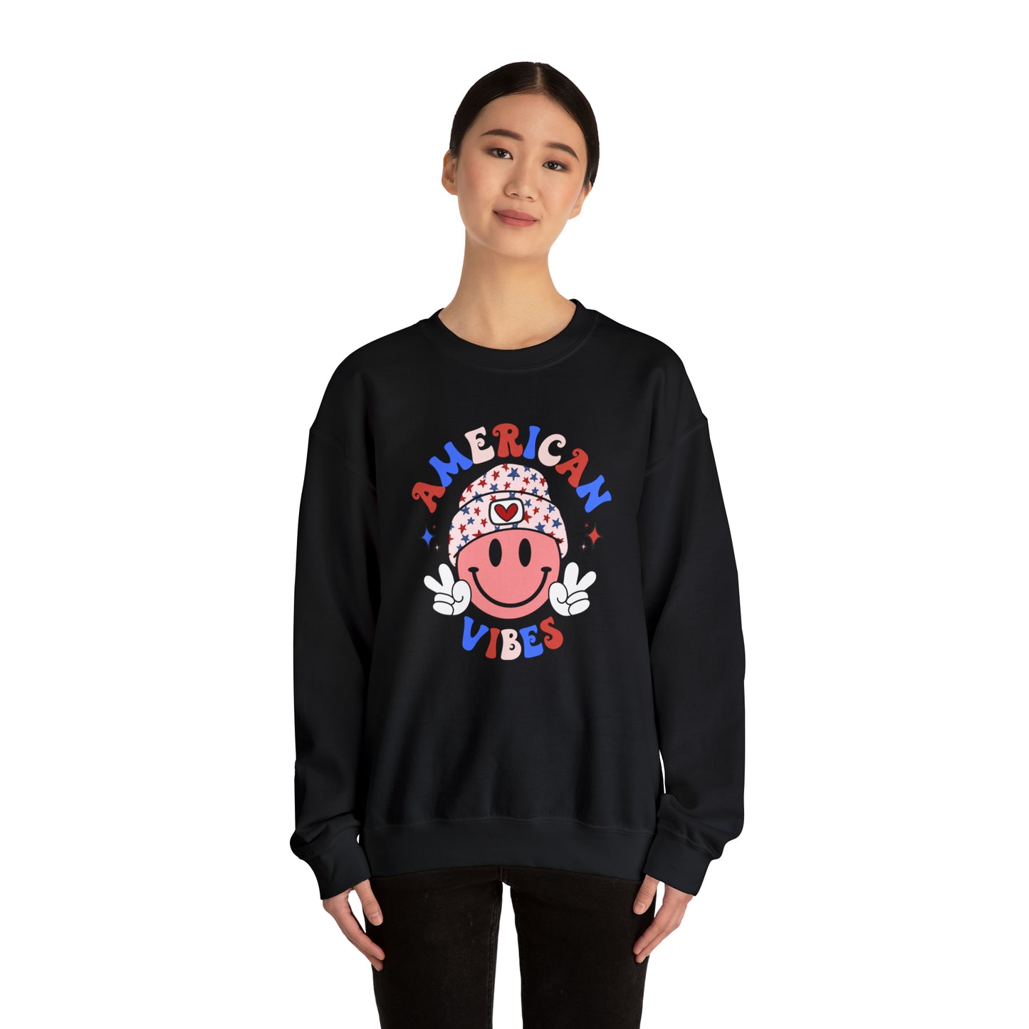 USA American Vibes Smiley Face with Heart Beanie and Peace Signs Heavy Blend™ Crewneck Sweatshirt