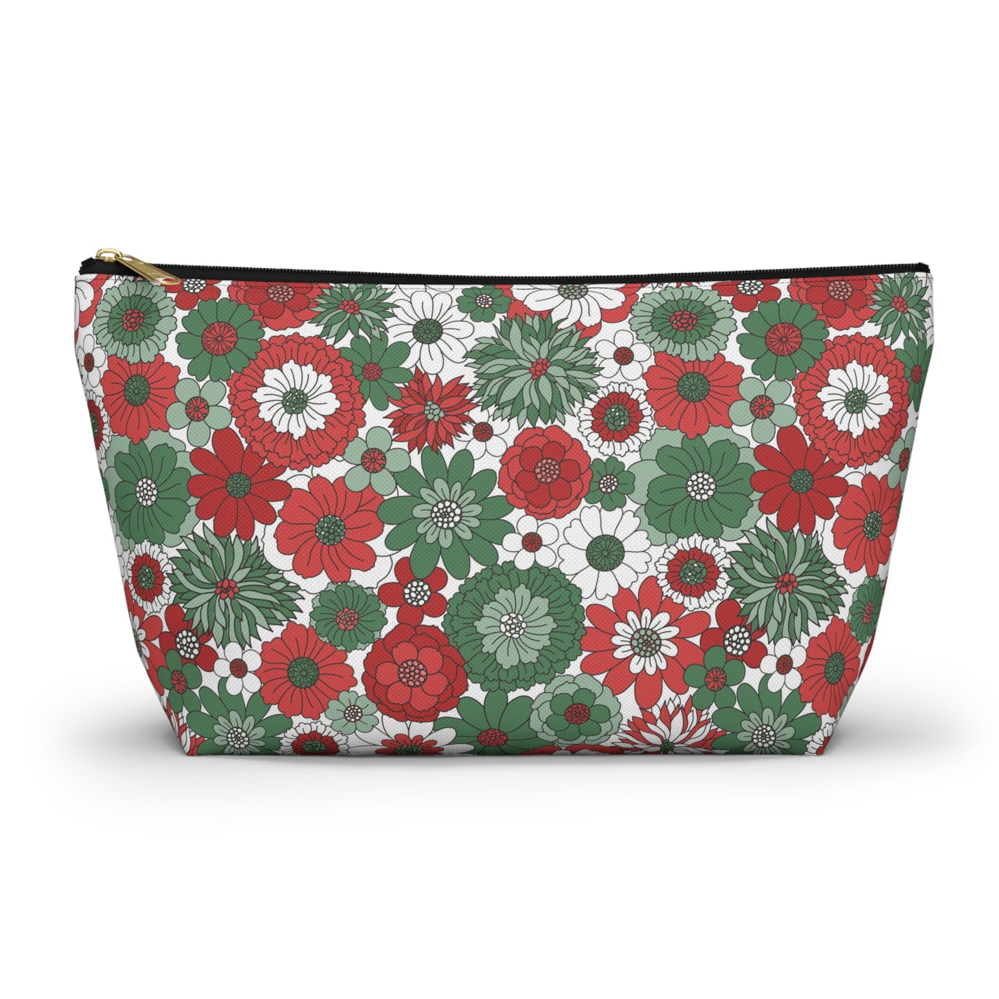 Retro Floral Christmas Red and Green Print Design  Accessory Pouch w T-bottom