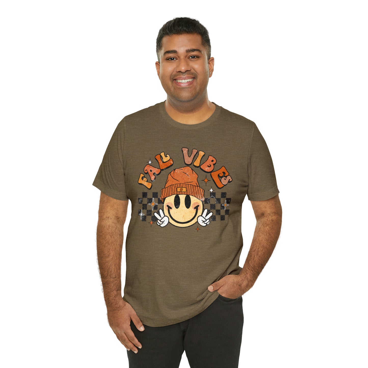 Distressed Halloween Fall Vibes Smiley Face with Beanie and Peace Sign T-Shirt