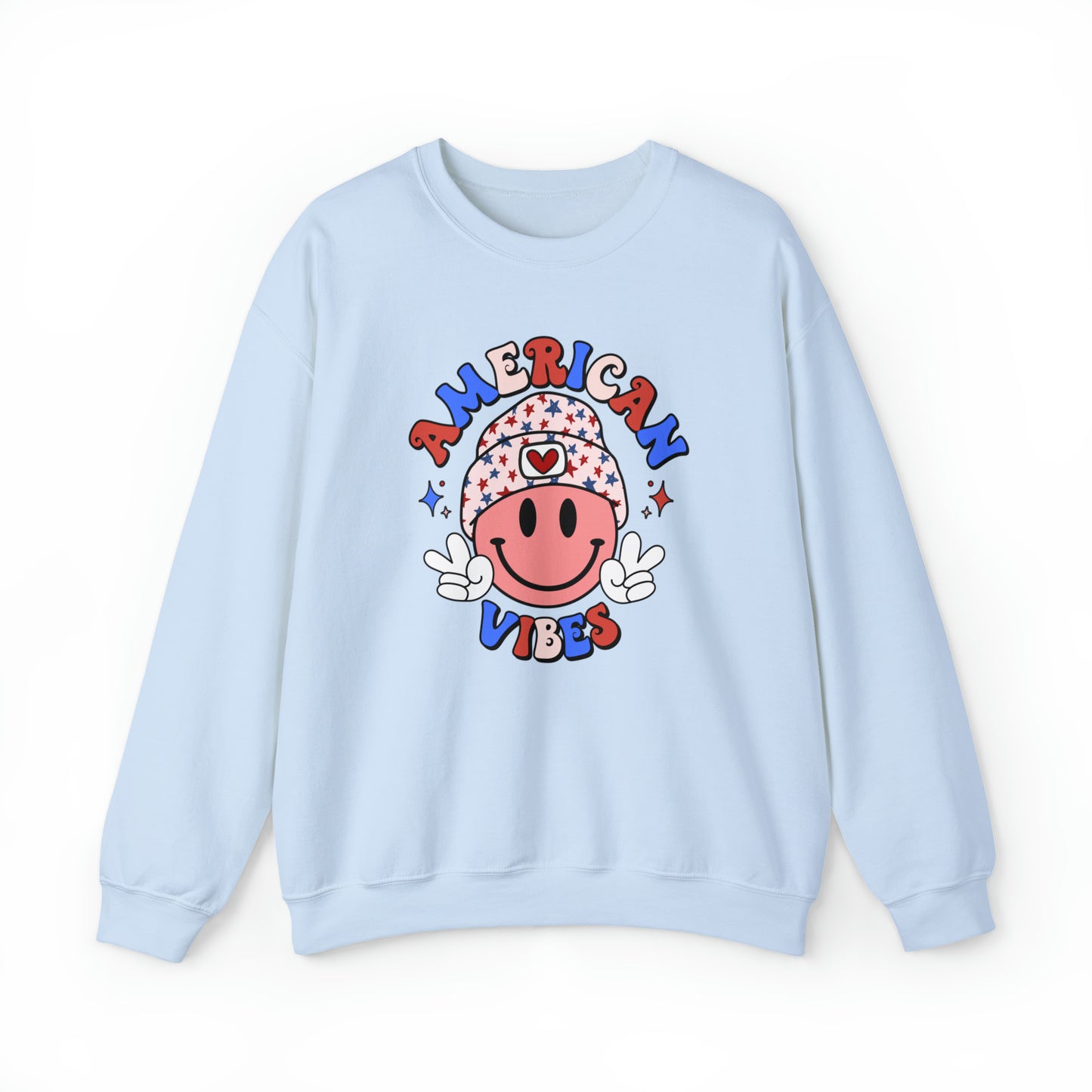 USA American Vibes Smiley Face with Heart Beanie and Peace Signs Heavy Blend™ Crewneck Sweatshirt