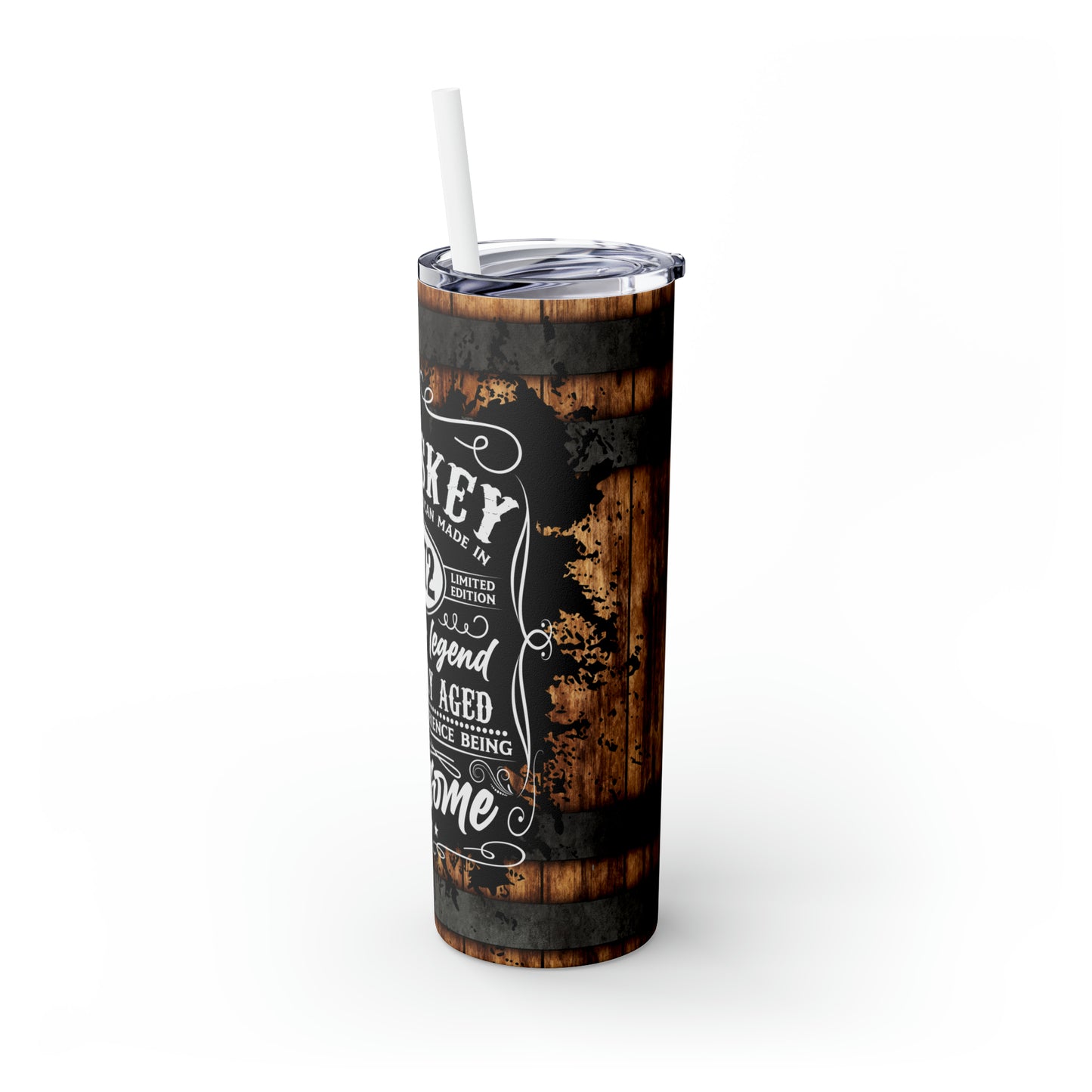 Rustic Barrel Whiskey Themed Skinny Tumbler with Straw, 20oz