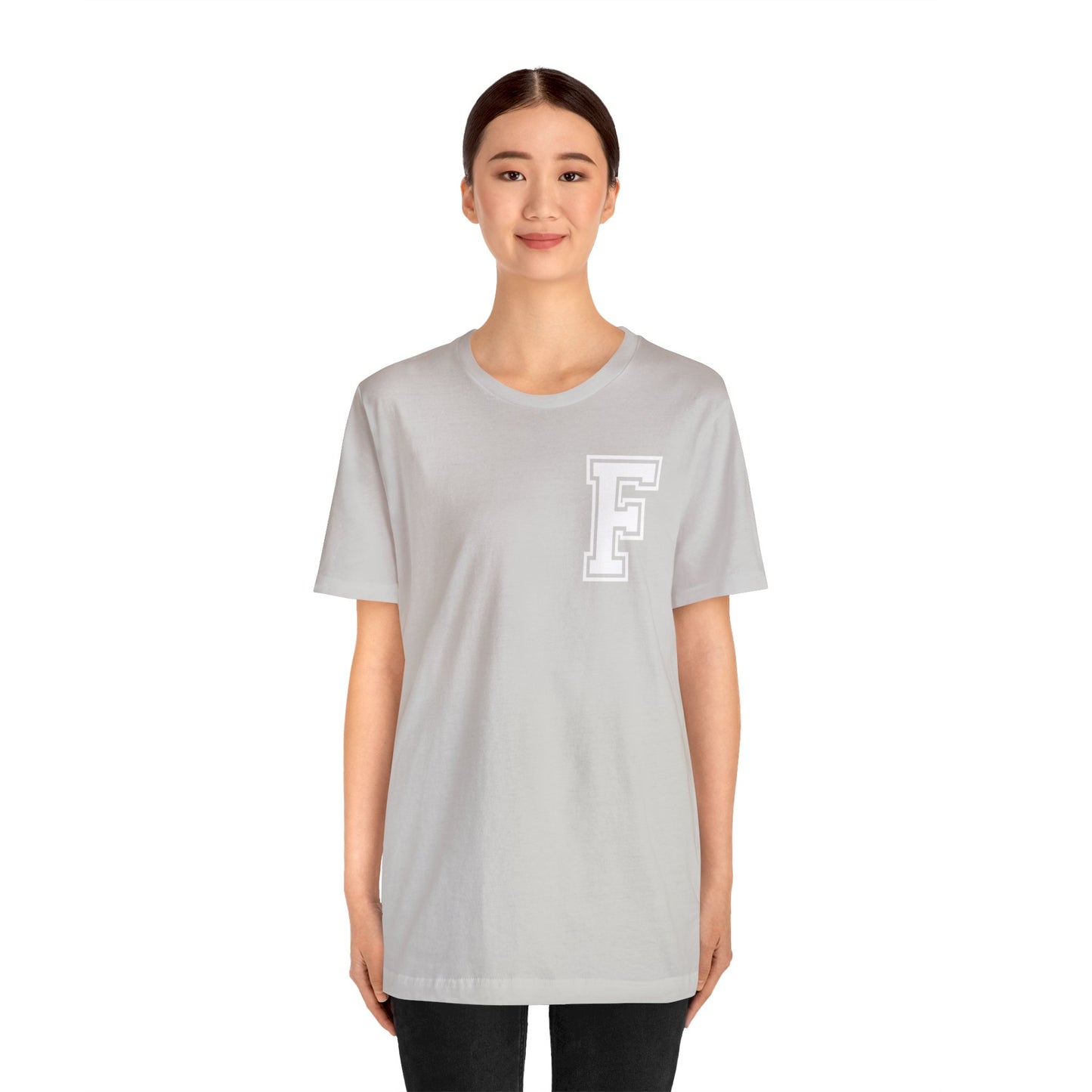 Front and Back Design - Varsity F Vertical Freeburg Midgets Logo Bella Jersey Short Sleeve Tee (Unisex)