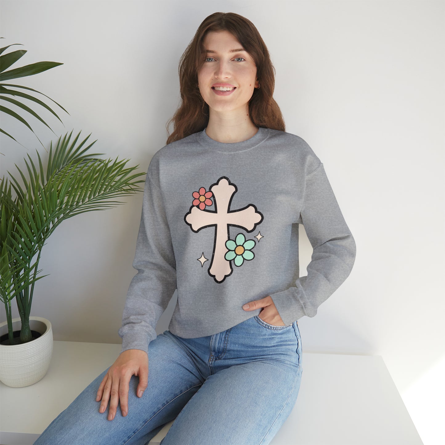 Vintage Floral Cross Design Heavy Blend™ Crewneck Sweatshirt