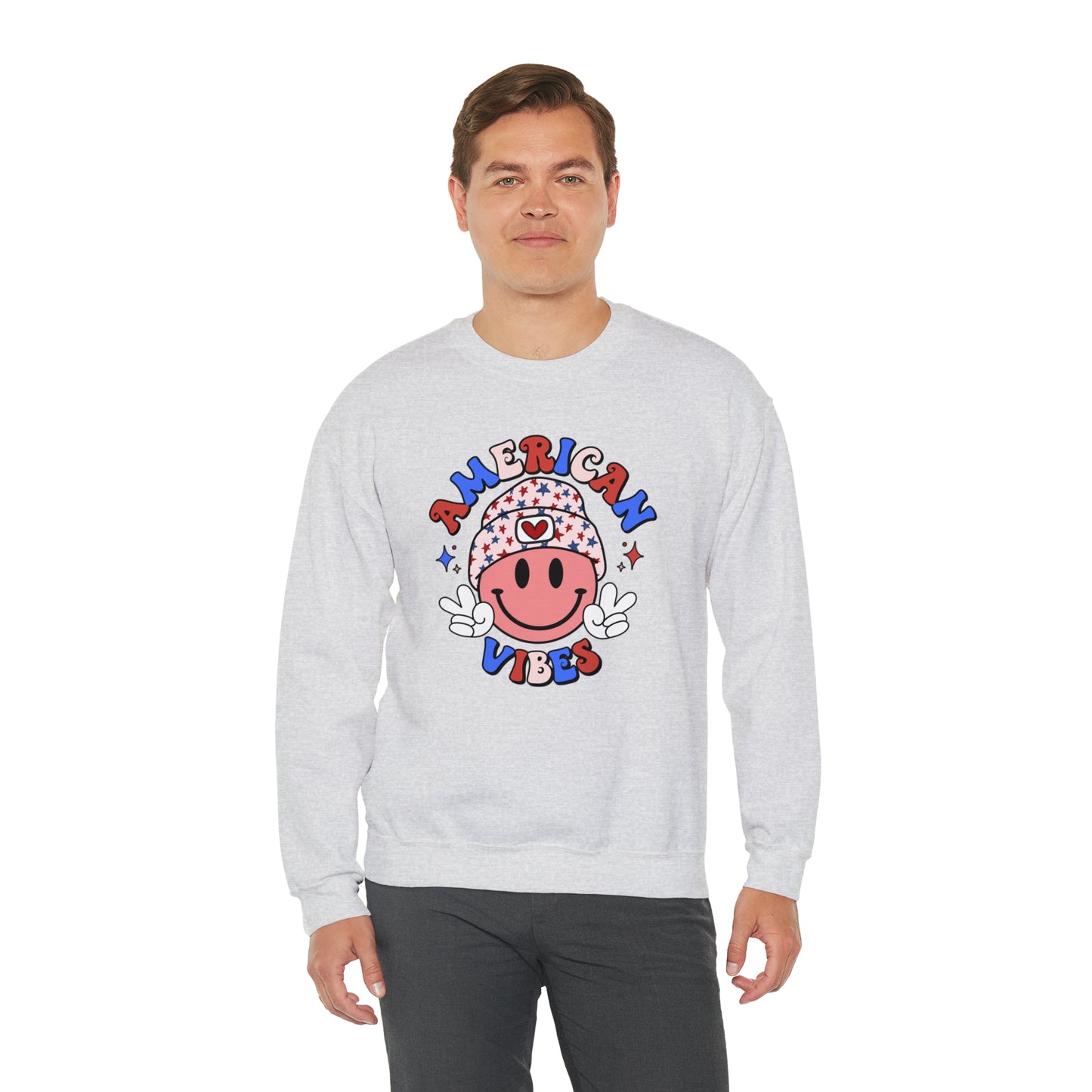 USA American Vibes Smiley Face with Heart Beanie and Peace Signs Heavy Blend™ Crewneck Sweatshirt