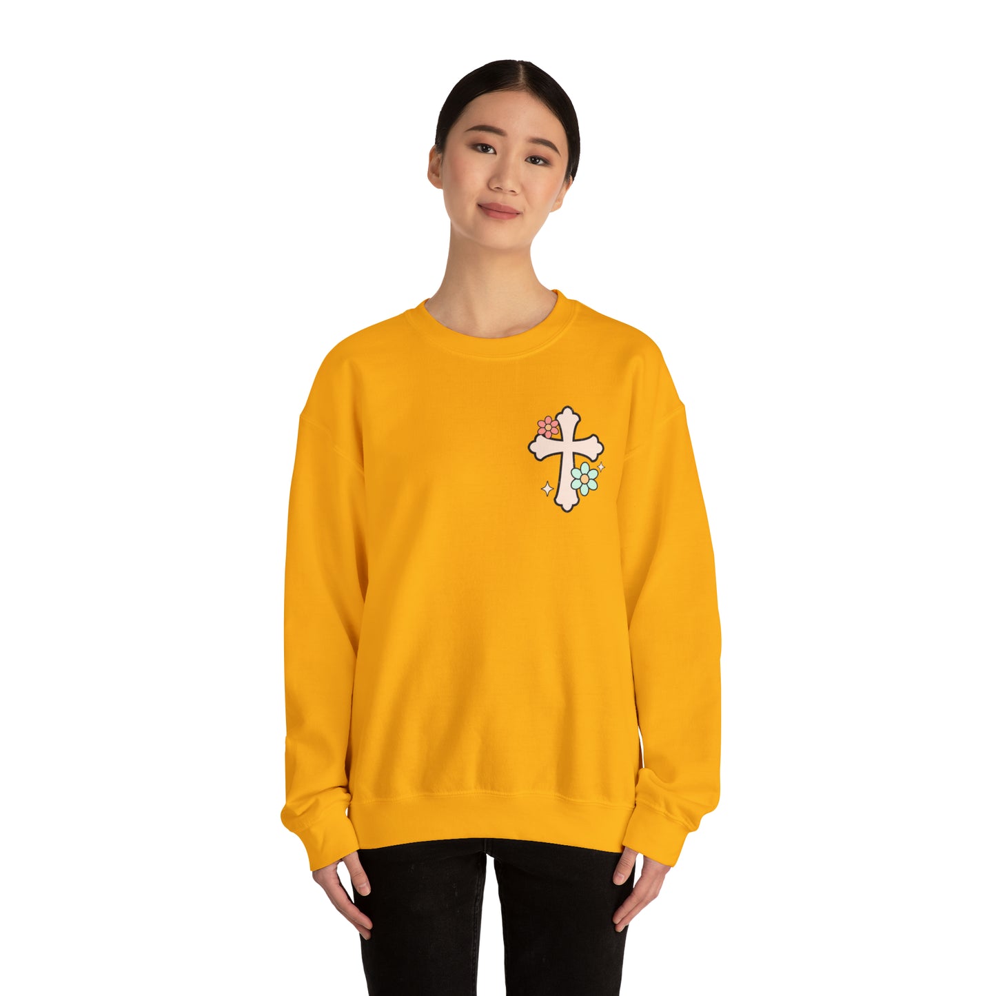 Vintage Grow in Grace with Cross Boho Color Print -  Front and Back Design Heavy Blend™ Crewneck Sweatshirt